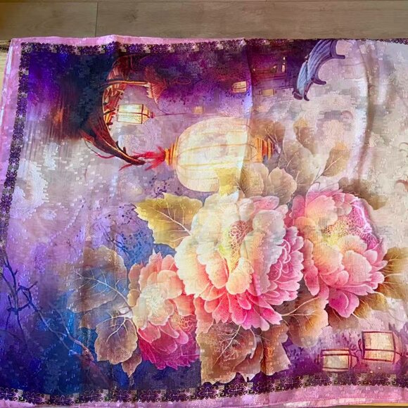 Elegant Floral Silk Scarf – Pink & Purple Peony Pattern - Picture 1 of 3